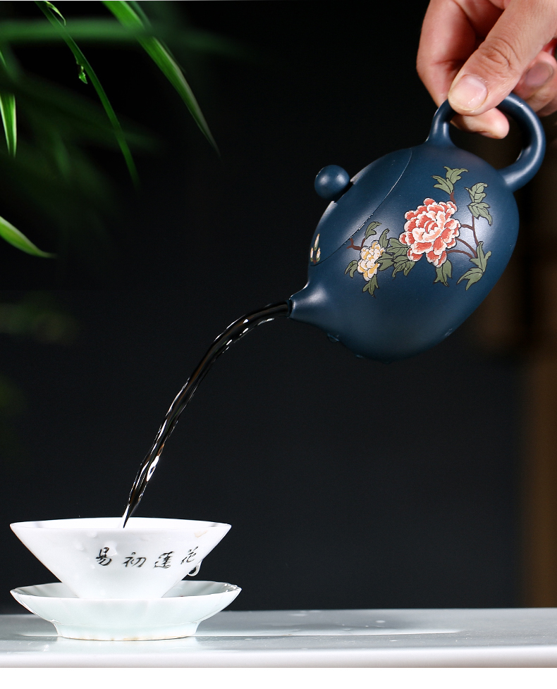 純手工紫砂壺，小巧琺瑯印花紫砂壺